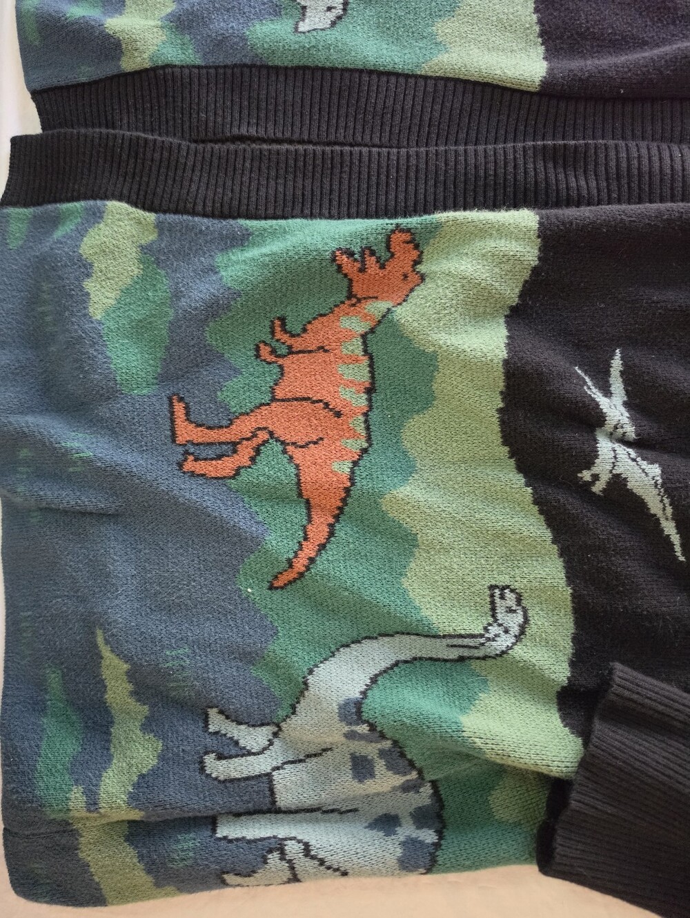 Dangerfield Dinosaur Knit Cardigan Sweater XL Cotton Black Green Whimsical Retro - Picture 2 of 8